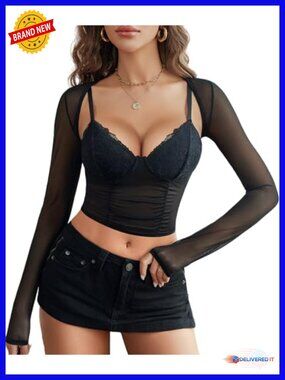 Mesh Crop Top with Shrug Sheer Sexy Low Cut Rave Going Out 2 Piece Set Clubwear